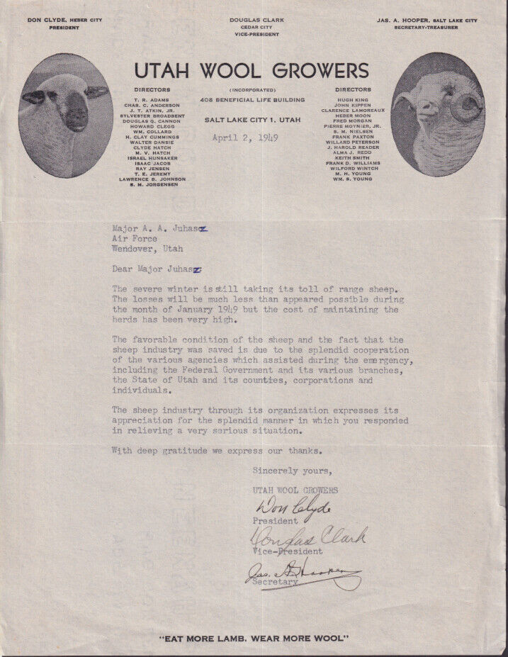 Utah Wool Growers Salt Lake City UT business letter 1949 loss of range sheep &c