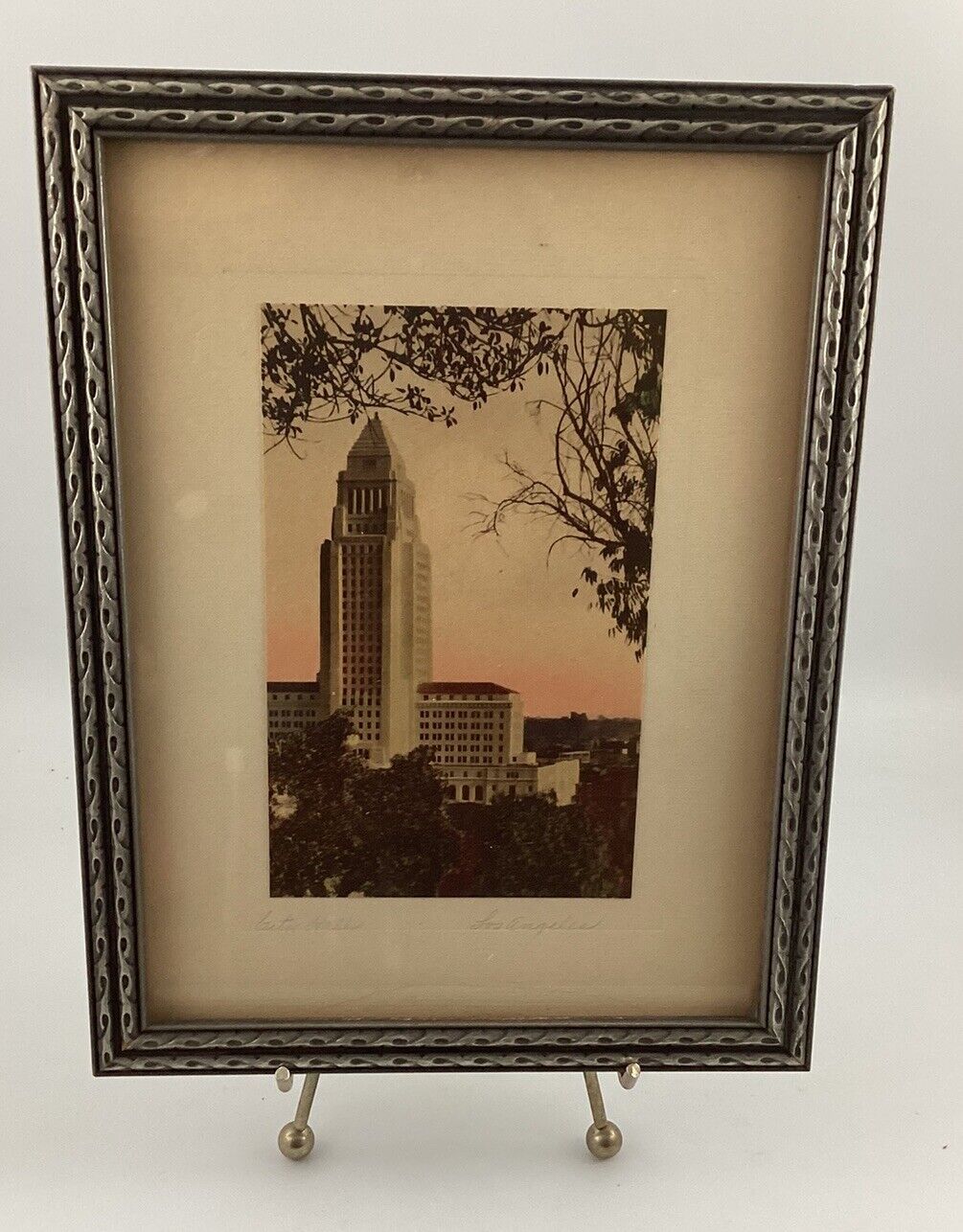 Vintage Los Angeles City Hall 7 x 9” In Original Silver Frame Light Water Stain