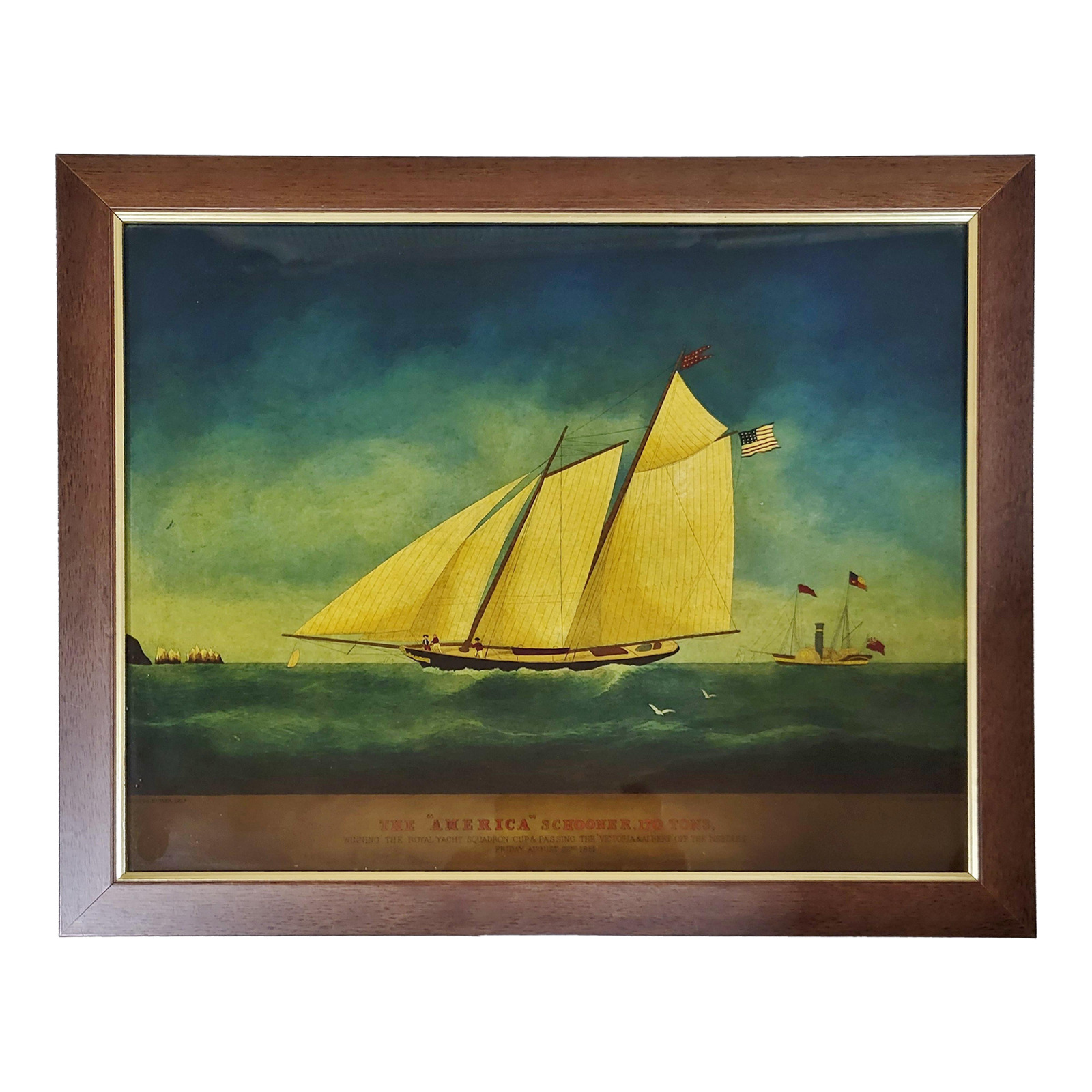 ENGLISH Reverse Painting on GLASS Clipper Ship The America SCHOONER Signed