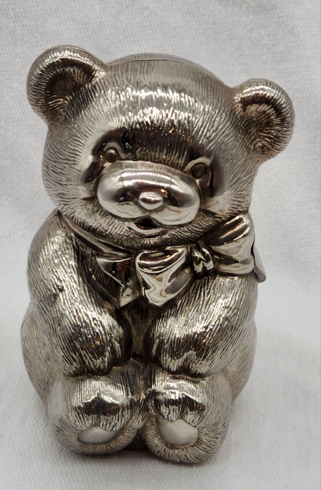 Vintage Silverplate Teddy Bear Coin Piggy Bank With Neck Bow. Beautiful, Used.