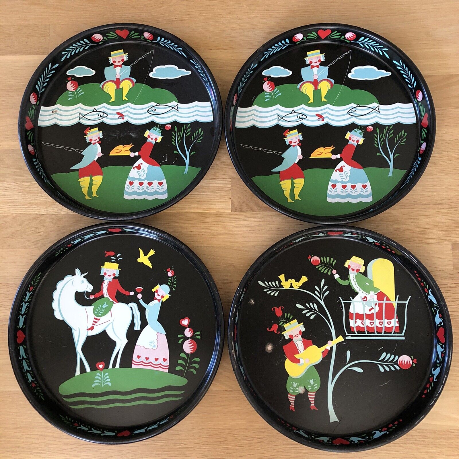 Masonware Metal Trays Dutch Courting Couple Summer Serving Mid Century Set of 4