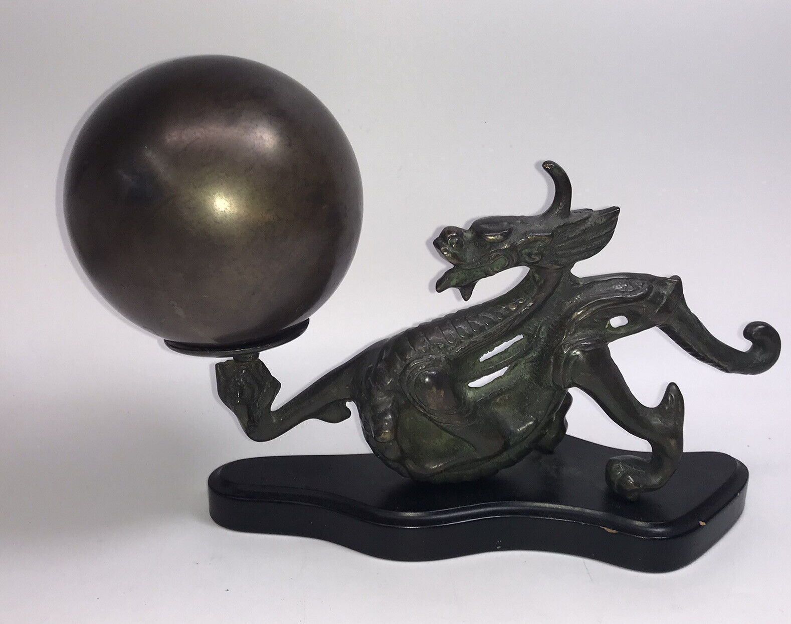 Vintage Bronze Chinese Dragon Gazing Ball / Black Base, Great For Desk Or Decor