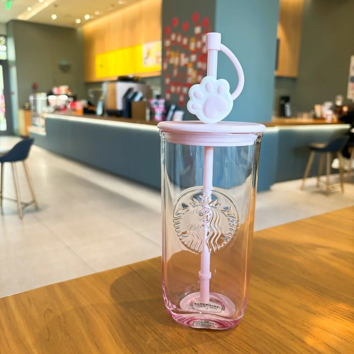 Starbucks Gradient Triangle Glass Cup Tumbler Cat Claw Topper Pink Cup 160z