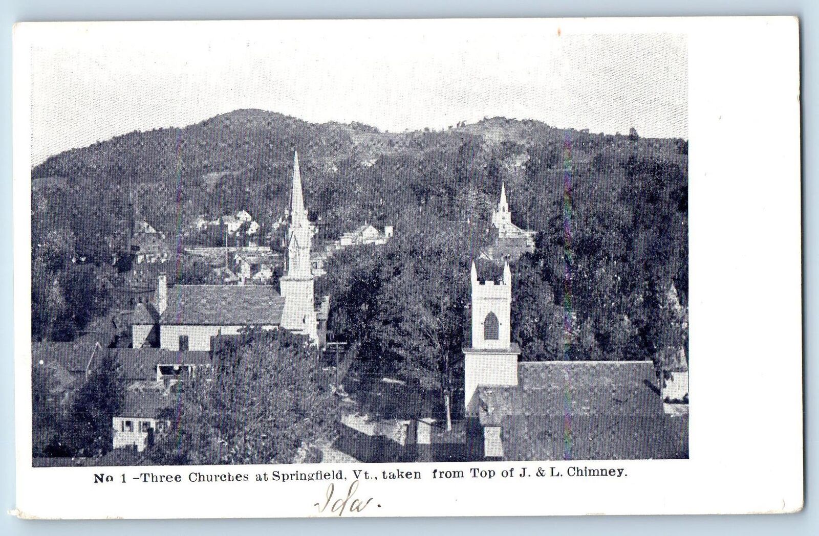 c1905\'s Three Churches Taken From Top J & L Chimney Springfield Vermont Postcard