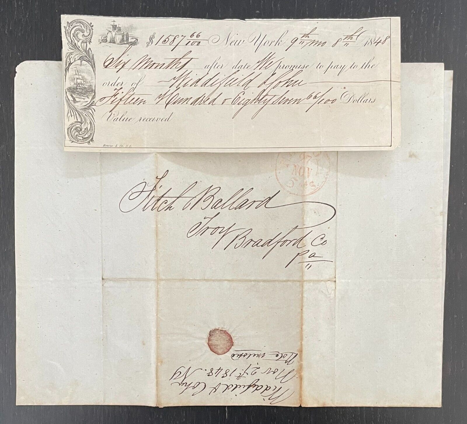 1848 PROMISSORY NOTE - FITCH BALLARD - TROY, PA & LETTER FROM MIDDLEFIELD & COHN