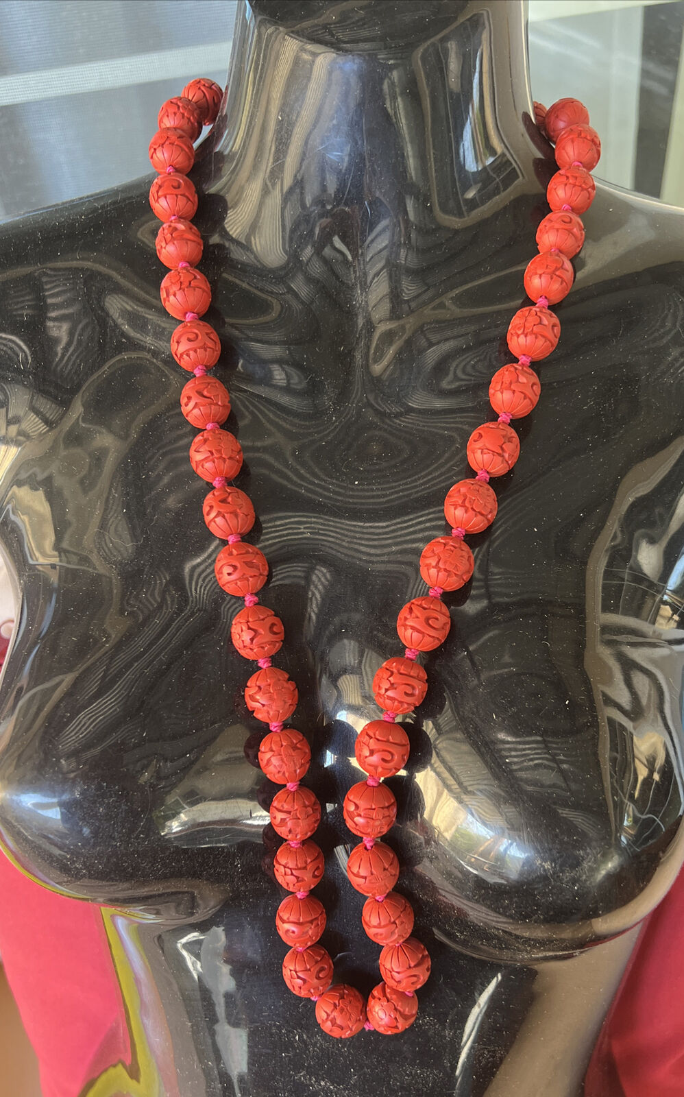 Vintage Chinese Carved Cinnabar Hand Knotted Bead Necklace Filigree Clasp