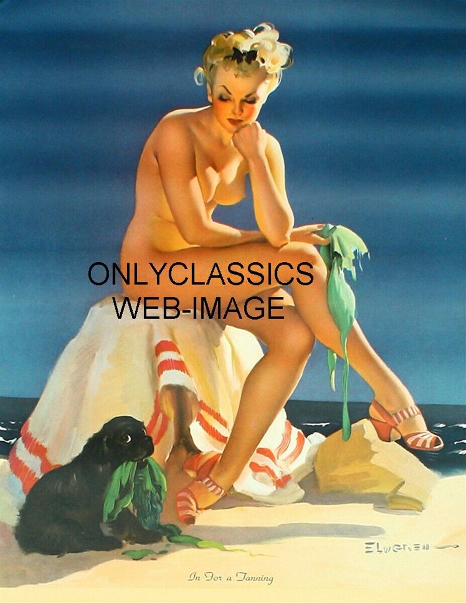 1940 IN FOR A TANNING 8.5X11 PRINT PINUP CHEESECAKE GIRL BY GIL ELVGREN WITH DOG