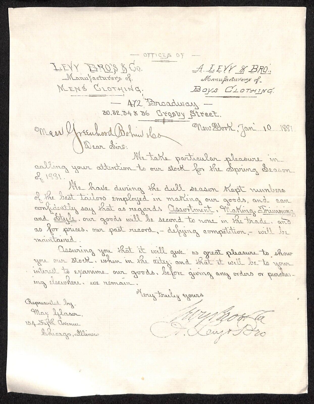 Levy Bro\'s & Co. Men\'s Boy\'s New York City 1881 Lettersheet* Letterhead Scarce