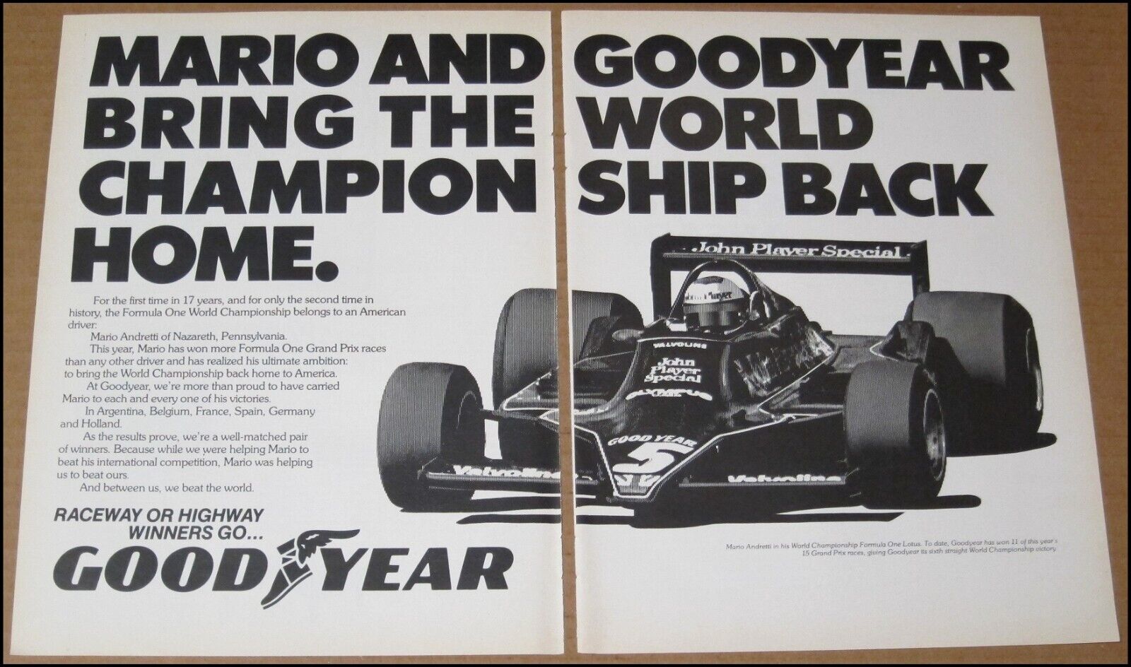 1978 Goodyear Mario Andretti 2-Page Print Ad Advertisement Formula One Lotus