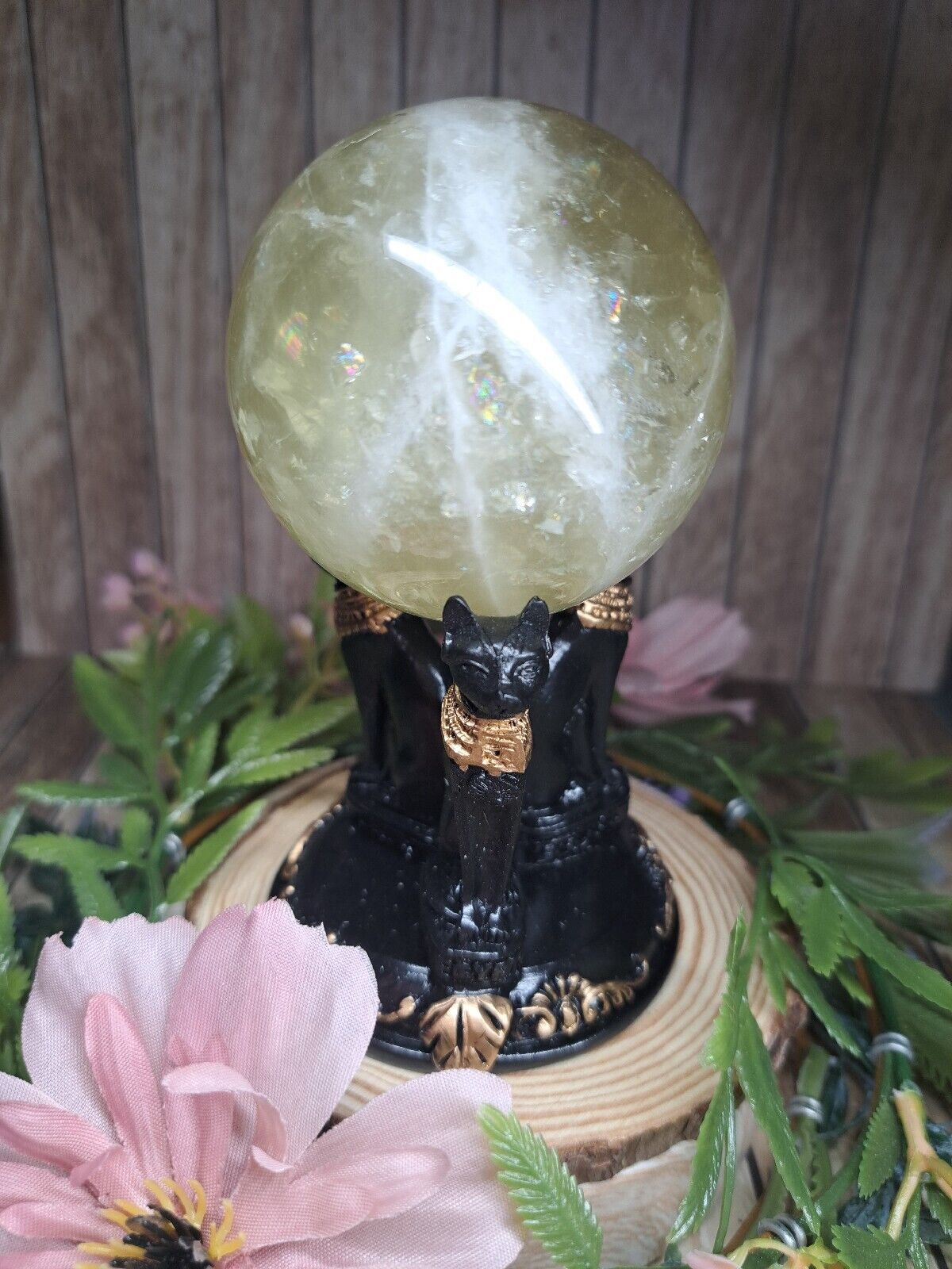 Beautiful Citrine Crystal Sphere 6.35cm 365g + Egyptian Cat Stand Rainbows 