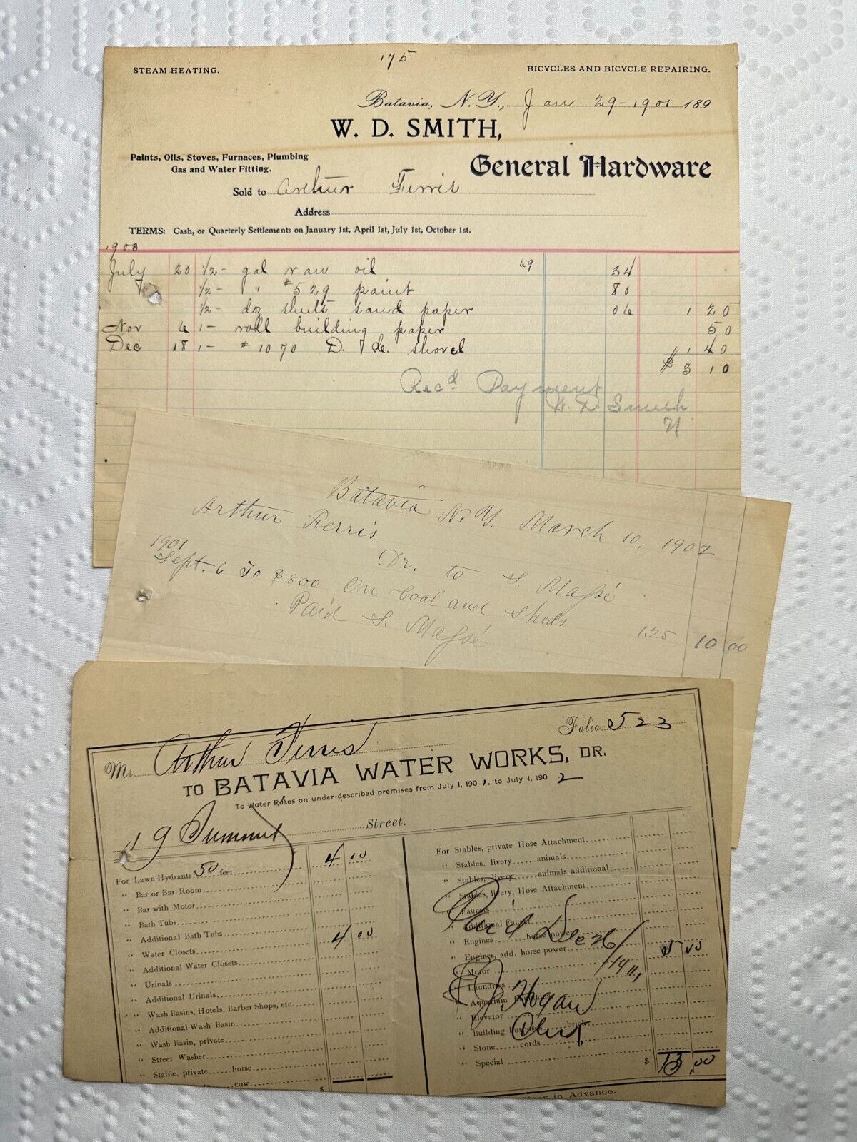 1900 1902 W D Smith Hardware Batavia Water Works Arthur Farris Note BATAVIA NY