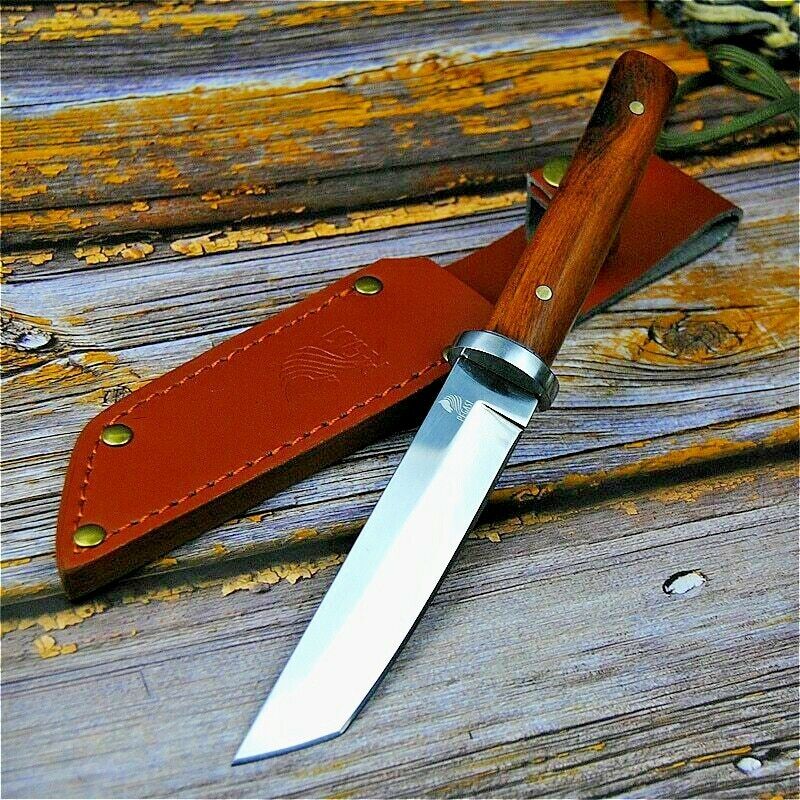 Japanese Handmade Tanto Hunting Knife Wood Handle Tactical Survival Fixed Blade