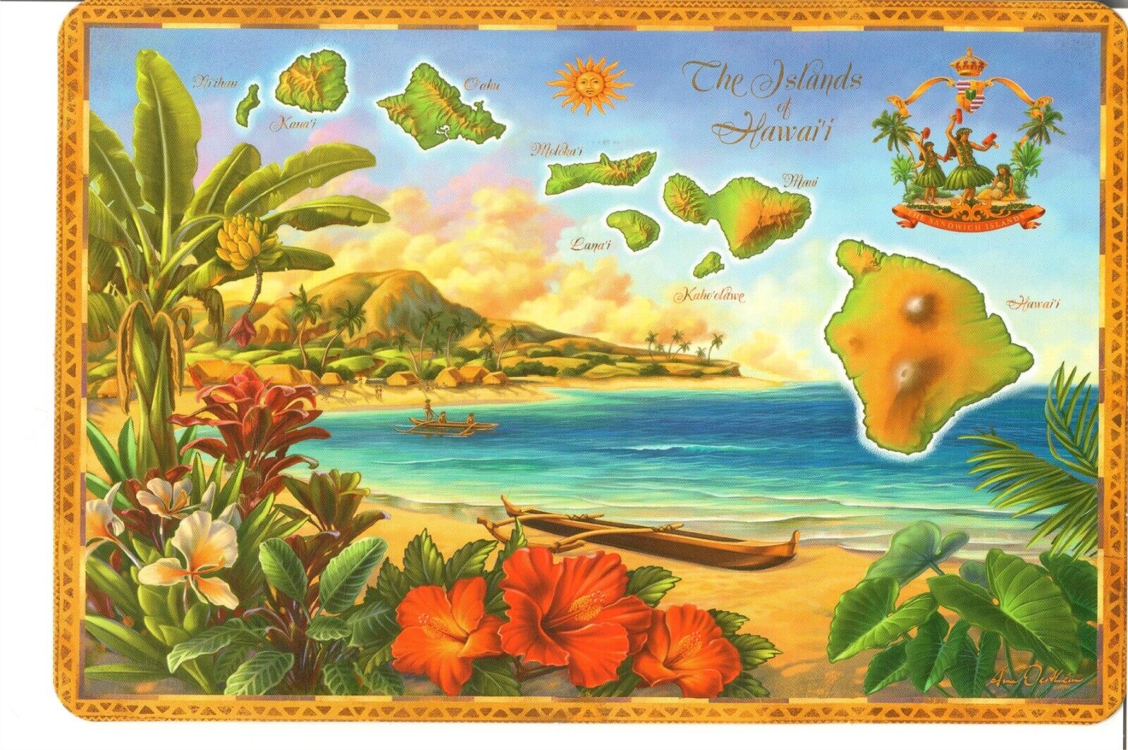 NEW 4x6 Postcard The Islands of Hawaii map landscape beach unposted