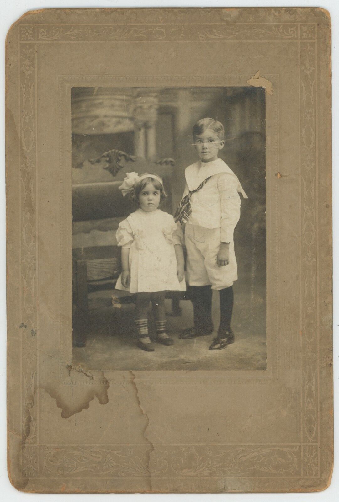 Antique c1900s 6x11 in Cabinet Card Adorable Brother and Sister in Fancy Clothes
