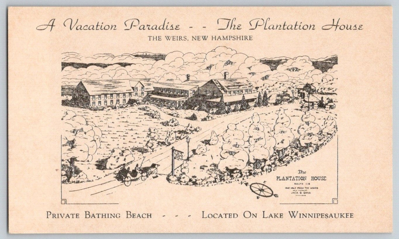 Sketch Ad Postcard~ The Plantation House~ On Lake Winnipesaukee~ The Weirs, NH