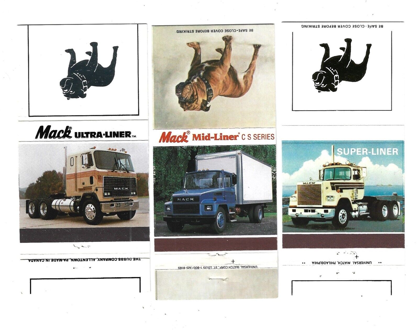 3 Mack Truck Matchcovers  Mid-Liner    Ultra-Liner   Super-Liner