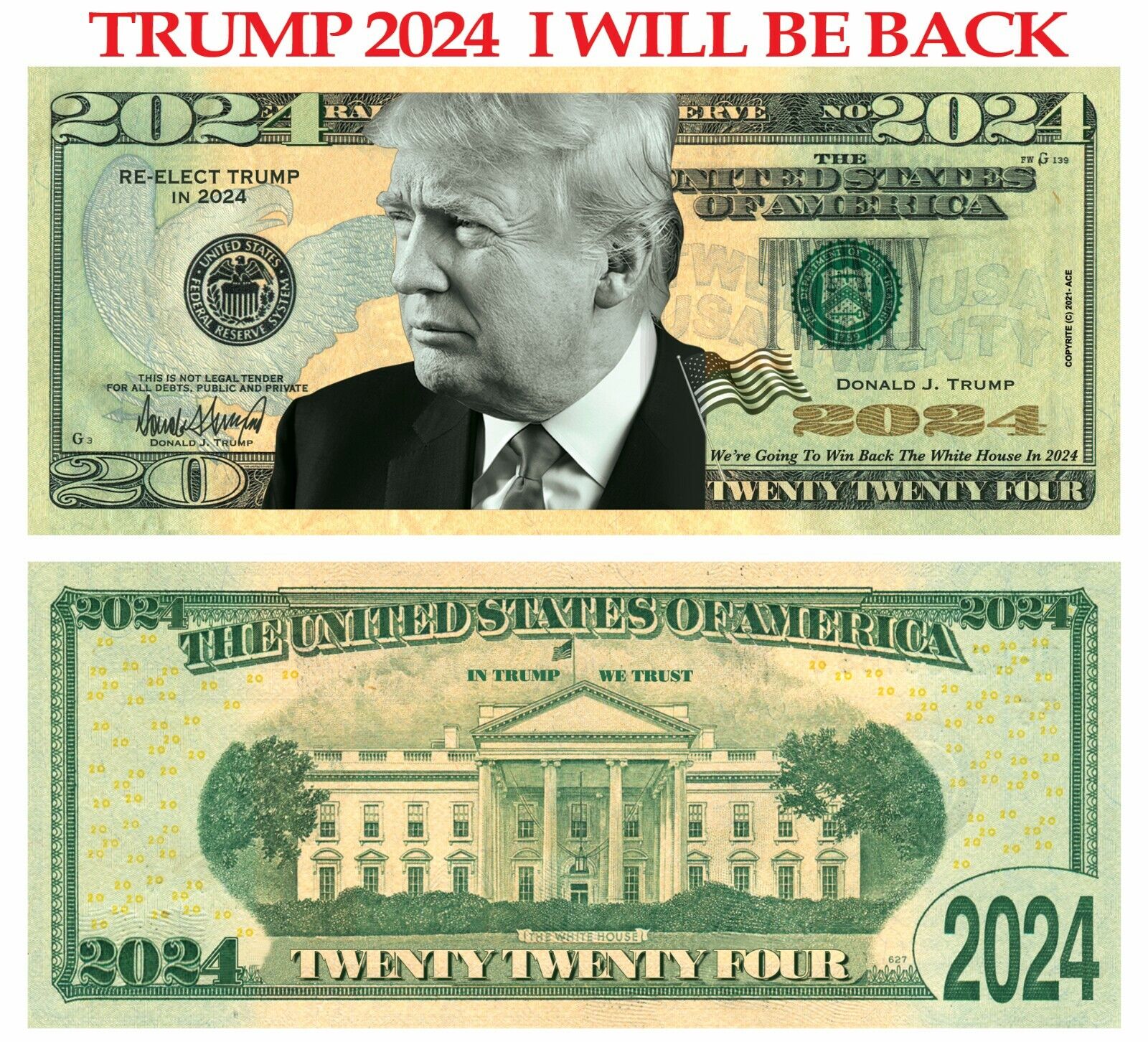 250 pack Trump 2024  I Will Be Back Dollar Bills Funny Money Maga