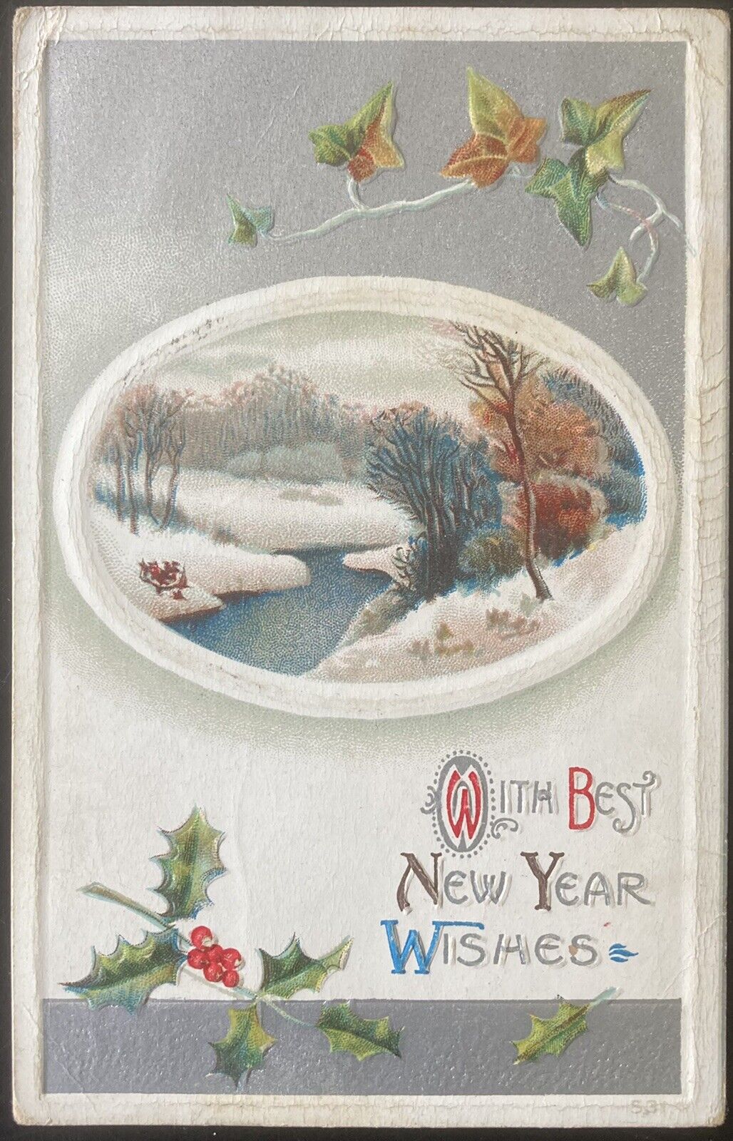 NEW YEAR POSTCARD C.1911 (M42)~EMBOSSED “WITH BEST NEW YEAR WISHES”