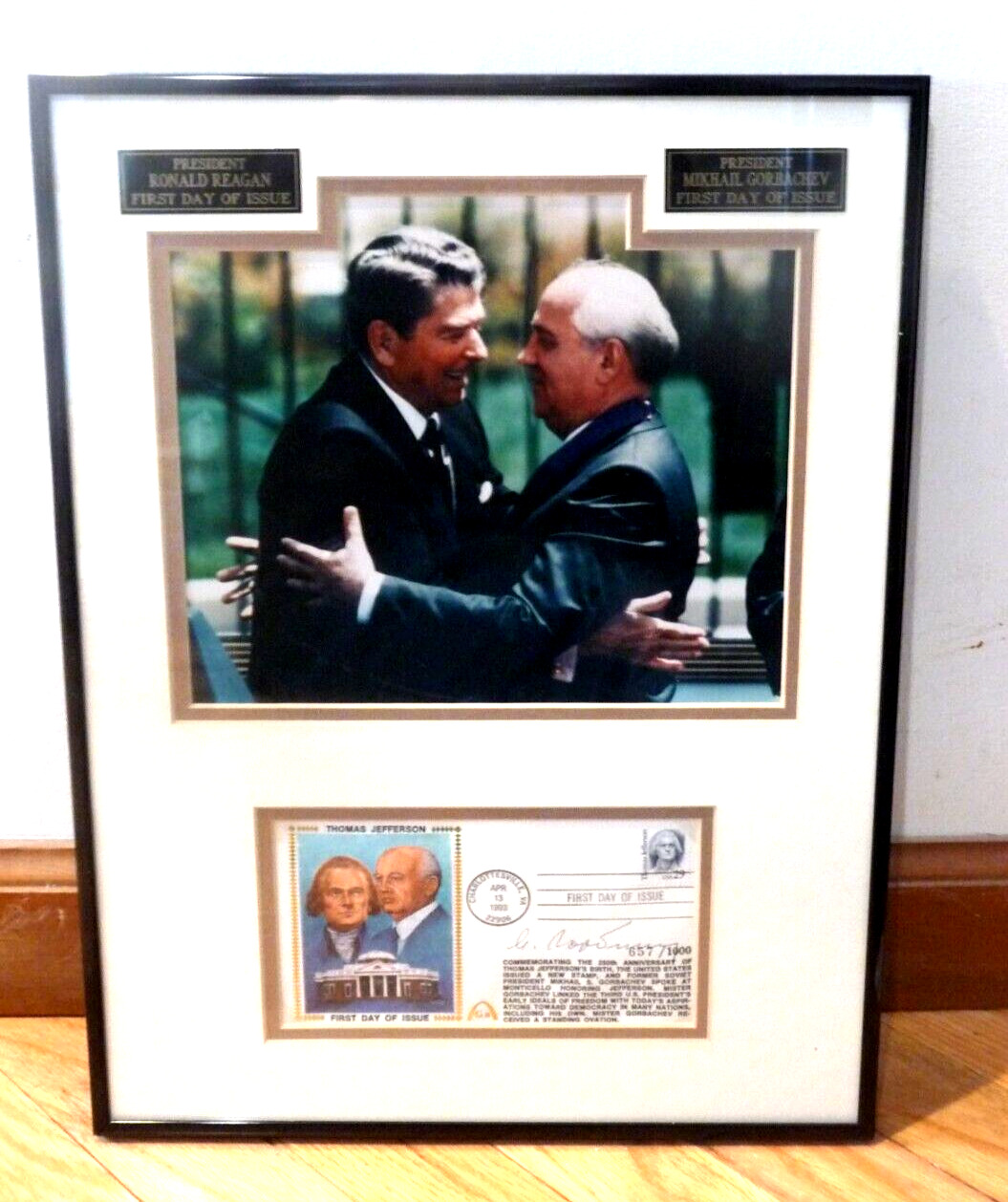 MIKHAIL GORBACHEV GATEWAY STAMP SIGNED, FRAMED 1st DAY ISSUE. Photo with Reagan.