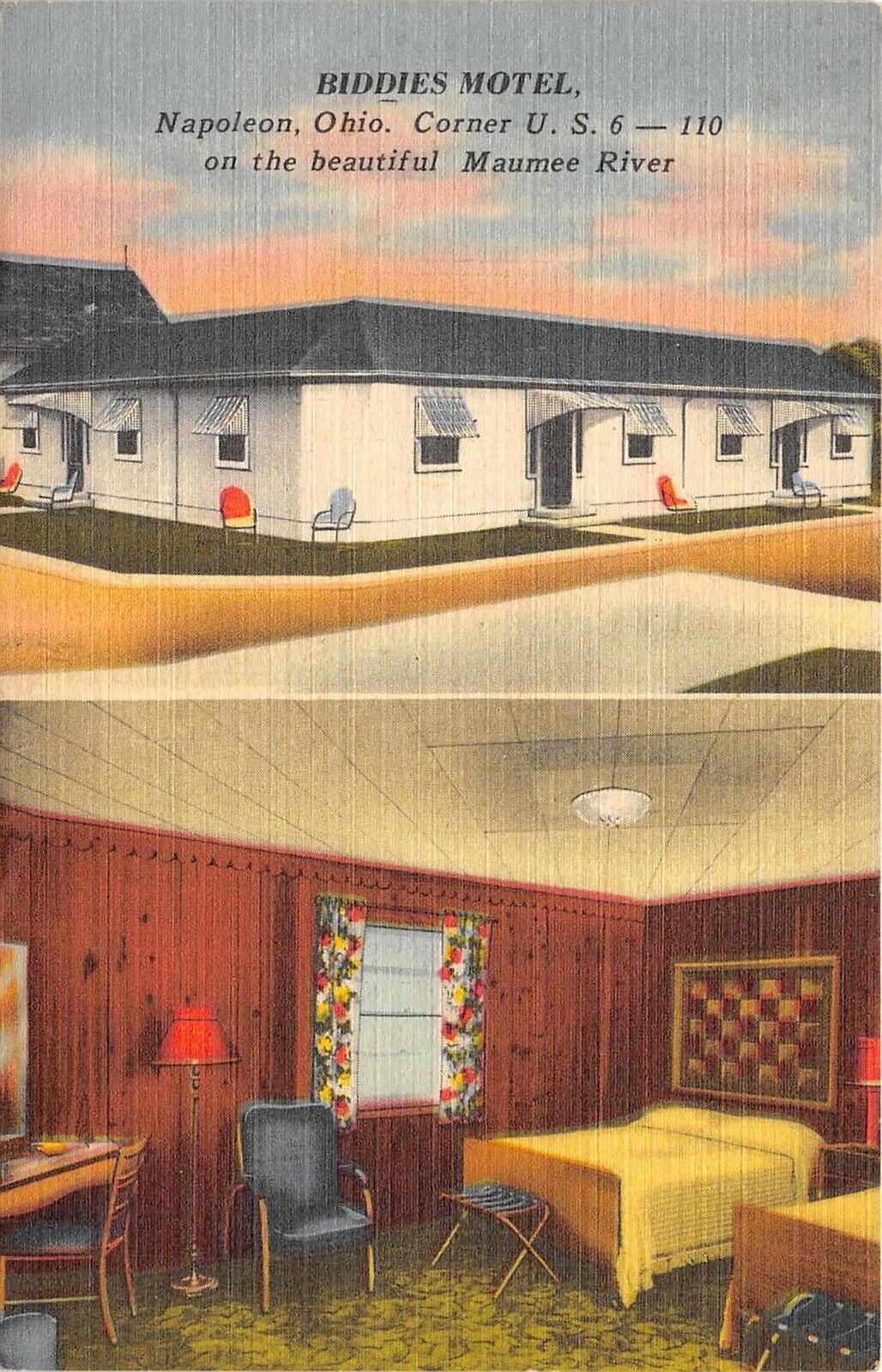 Napoleon Ohio 1951 Postcard Biddie\'s Motel Multiview Room Henry County