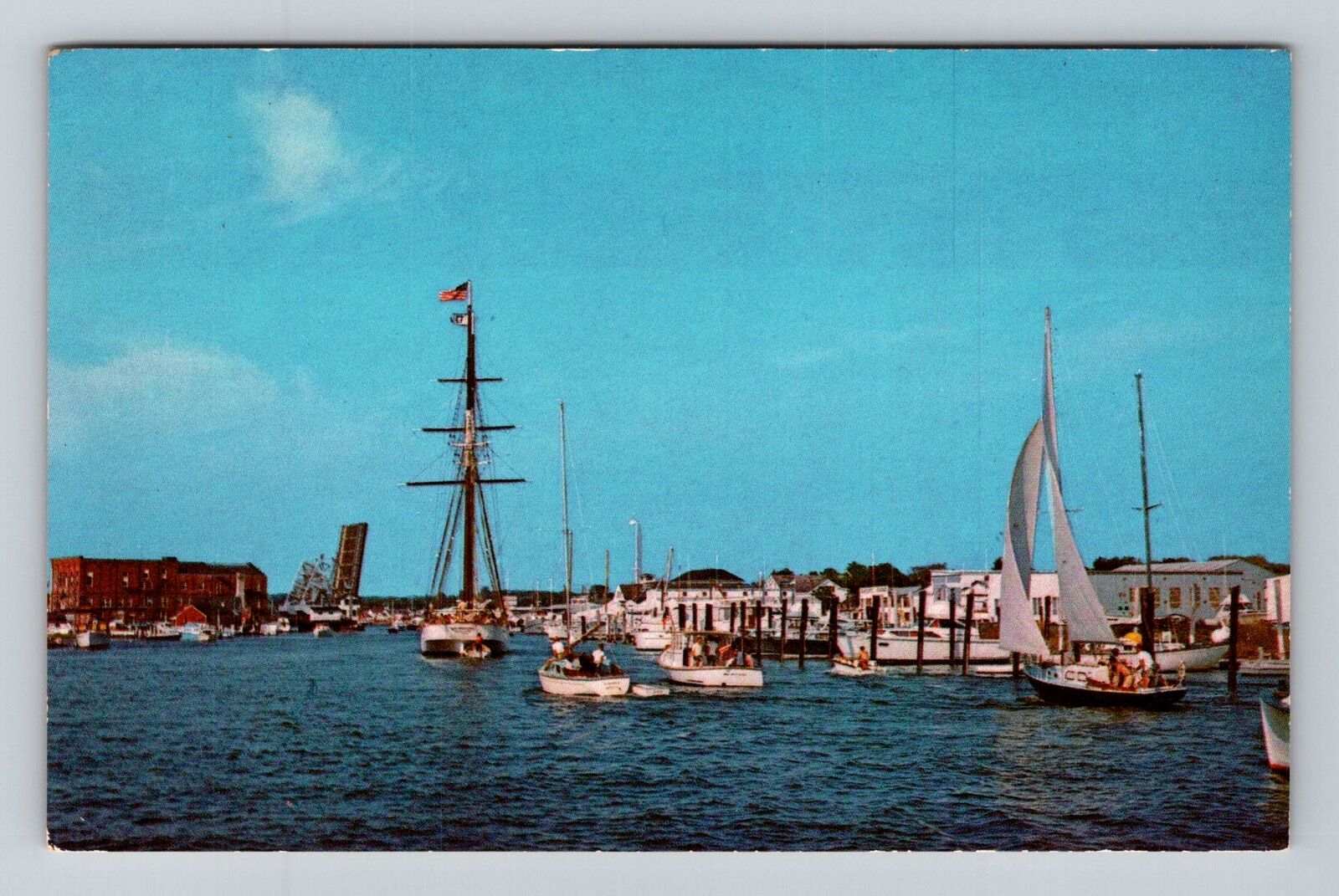 Mystic CT-Connecticut, Boats in Mystic River, Antique Vintage Souvenir Postcard