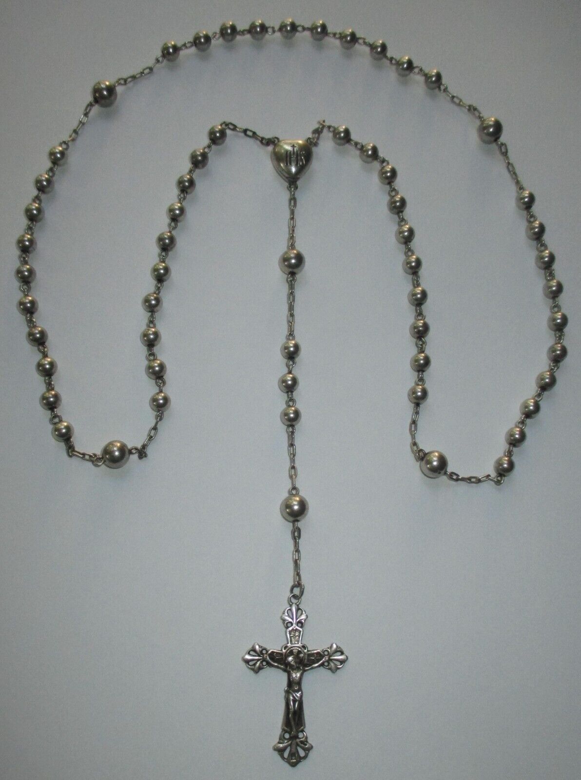 VINTAGE ANTIQUE ALL SILVER EUROPEAN HALLMARKED ROSARY PUFFY HEART CRUCIFIX