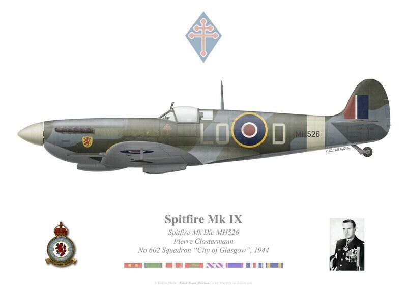 Print Spitfire Mk IX, Pierre Clostermann, No. 602 Squadron RAF (by G. Marie)