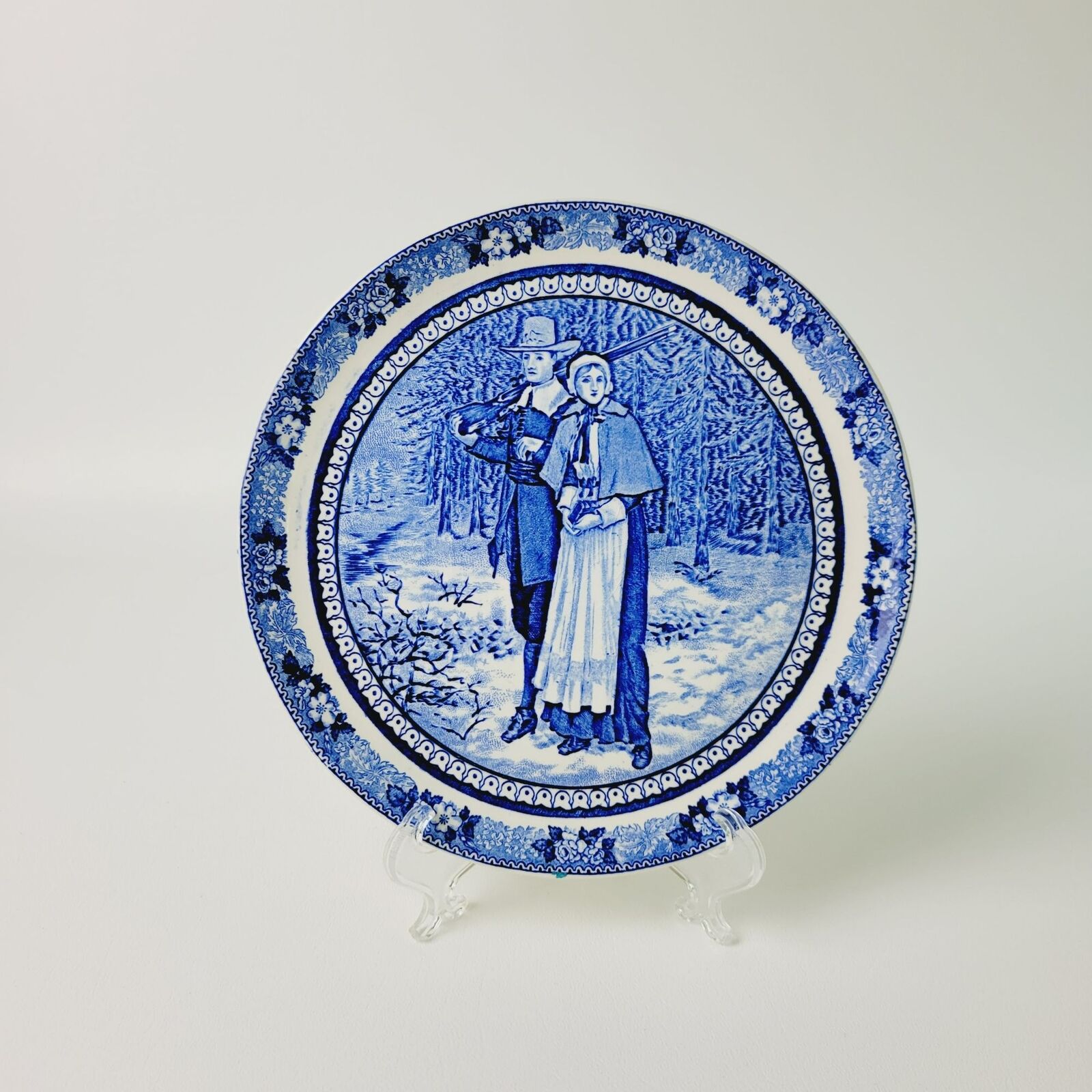 Pilgrims John Alden & Priscilla Blue & White Plate, Adams Potteries England