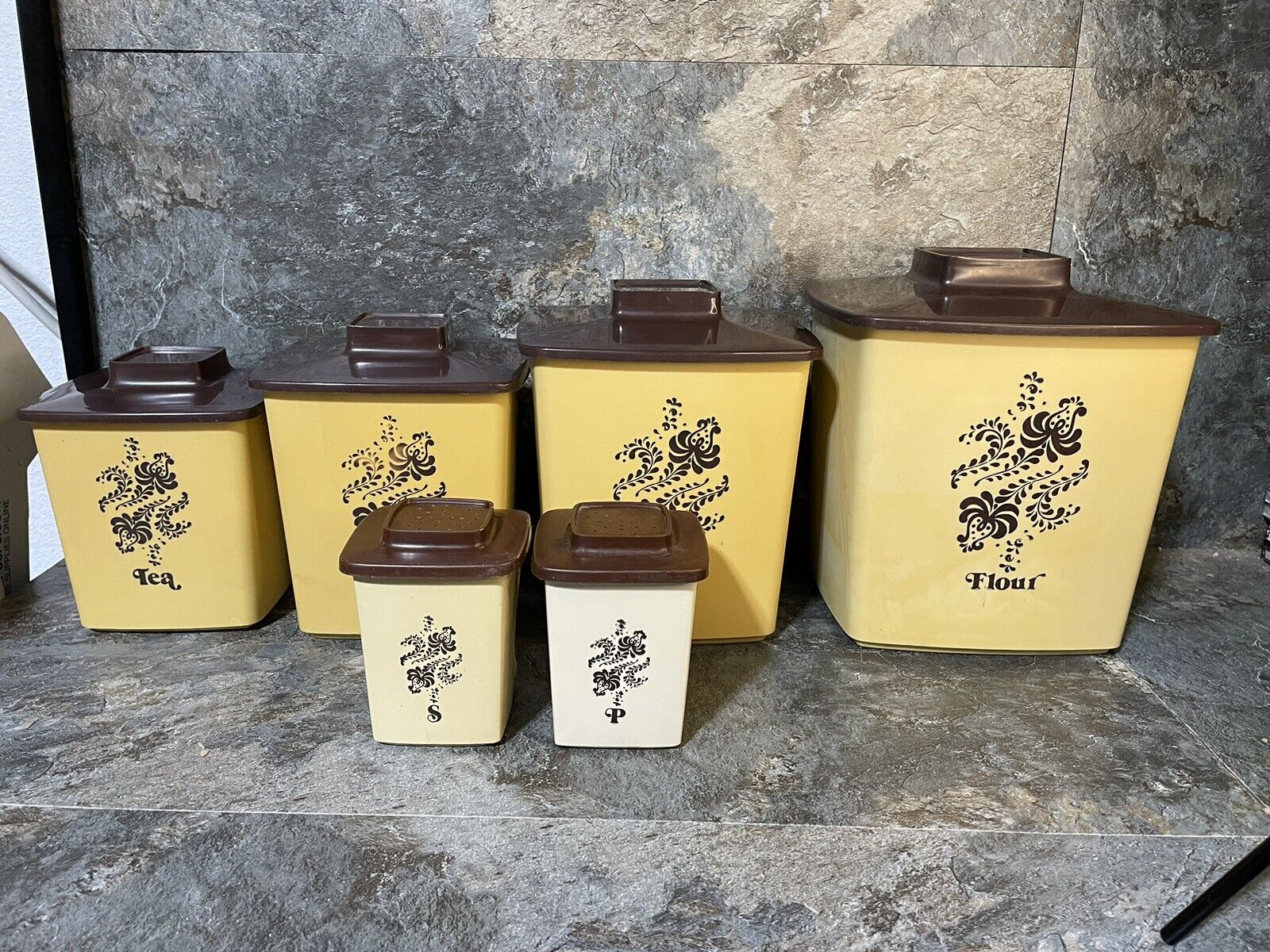 4 Vtg plastic flour sugar tea coffee CANISTER set, S & P floral brown tan 1970's