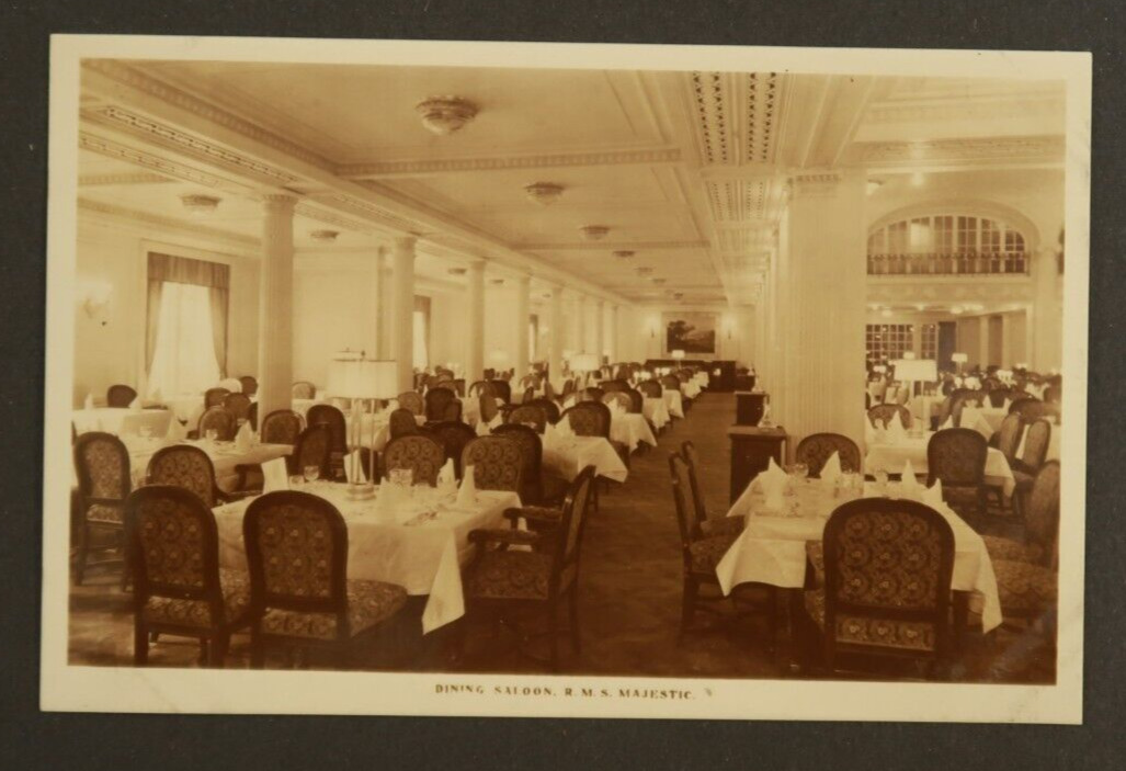 Dining Saloon Interior RMS Majestic Postcard RPPC Ocean Liner Royal Mail Ship