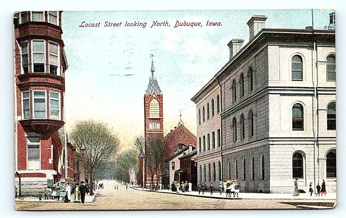 DUBUQUE, IA Iowa ~ LOCUST STREET Scene Looking North 1909  Church Postcard