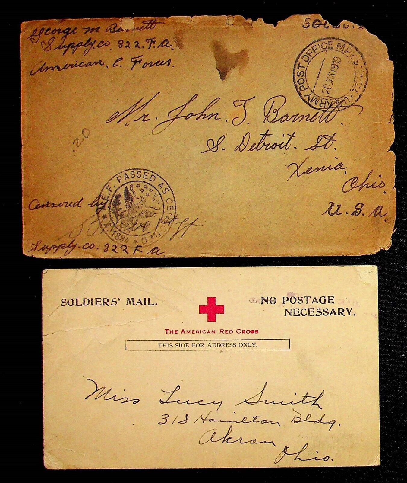 1919 WWI Censored Postal Cover Soldier\'s Mail Red Cross Akron Ohio