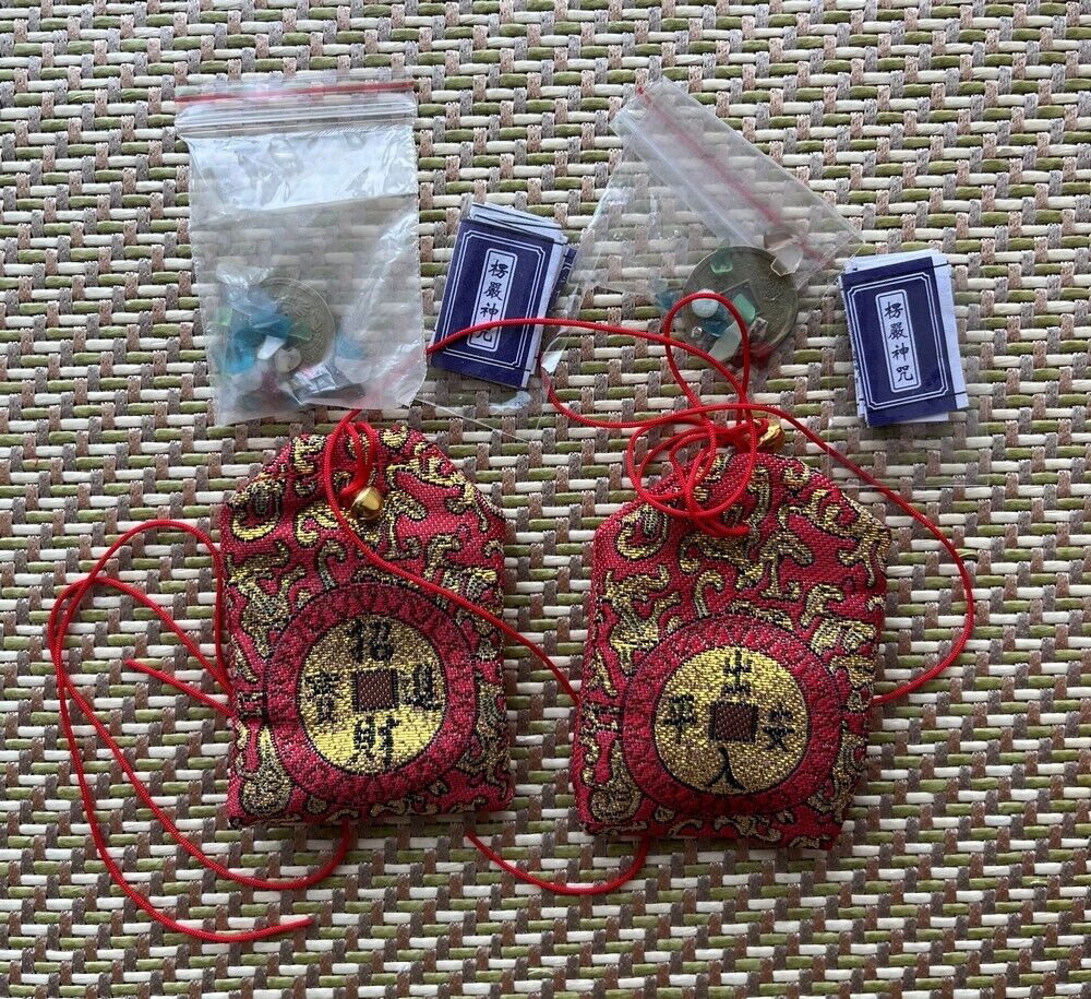 2 Pcs Chinese Fortune Bag Emperor Coin Buddha Script Gem Stones Feng Shui Amulet