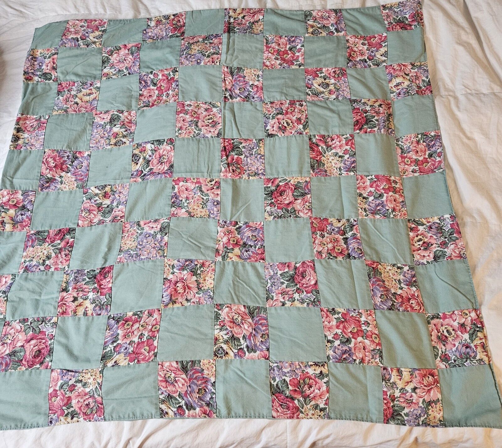 Handmade Vintage Green And Rose Floral Quilted Tablecloth/Chair Throw 40\