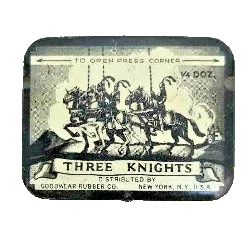 Original Vintage Old Antique Iron Rare THREE KNIGHTS Condom Litho. Tin Box U.S.A