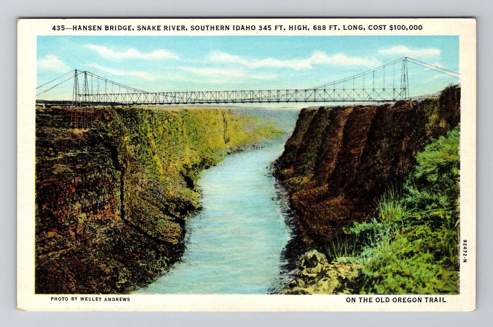Twin Falls ID-Idaho, Hansen Bridge, Snake River, Vintage Postcard