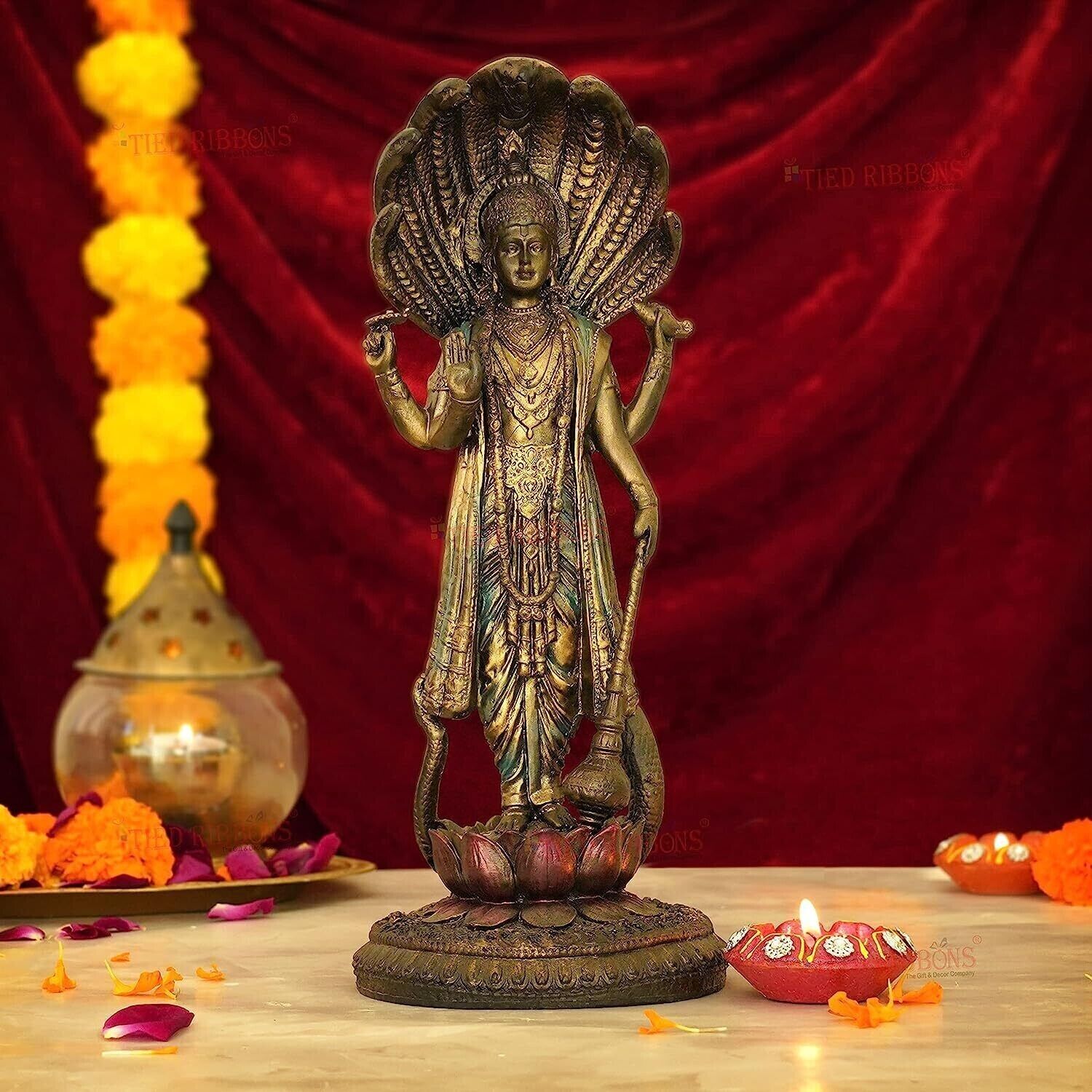 Lord Vishnu Idol Satue Standing on Lotus Flower Narayana Murti 30x 11.4 cm Resin