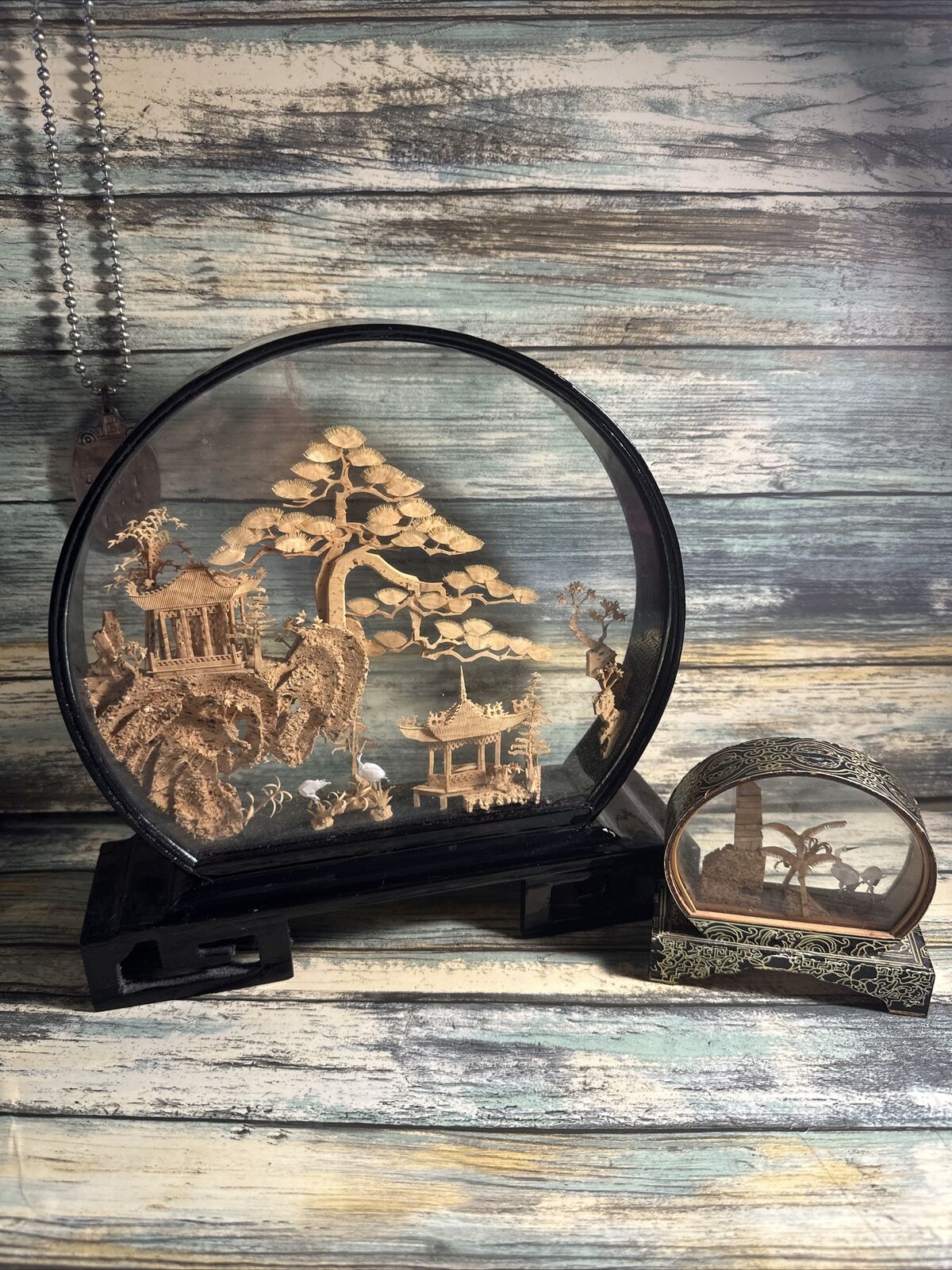Vintage Asian Cork Diorama Art Dark Lacquer Wood Cranes Trees Pagoda 9in 3in Lot