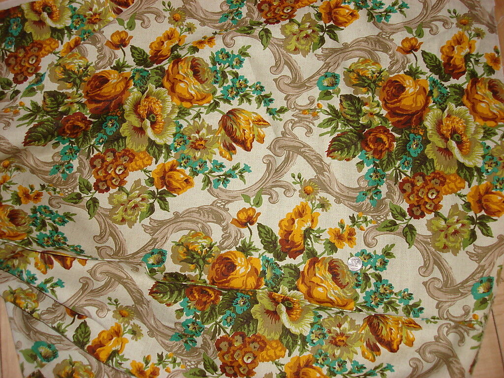 1964 Drapery Fabric LARGE SHADES OF GOLD & TURQUOISE FLORAL PAISLEY 15 Yds