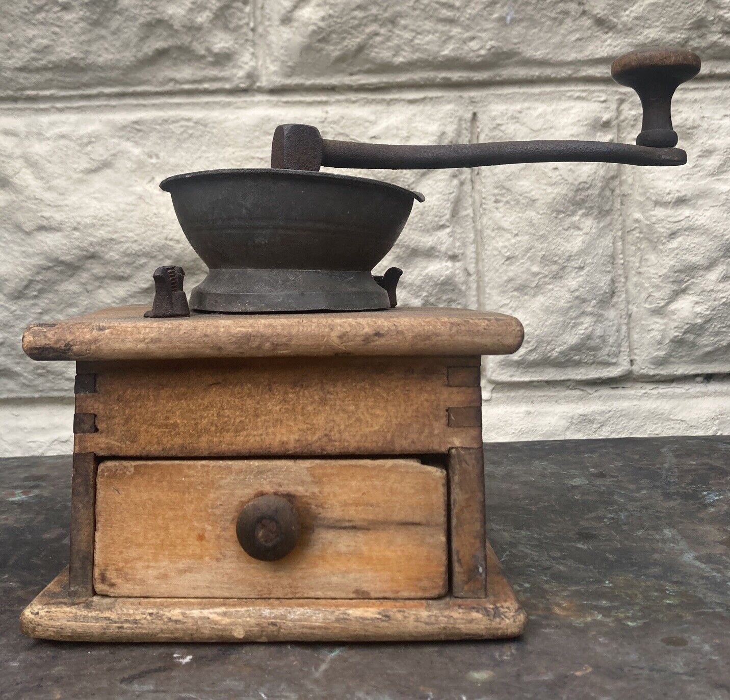 Antique Wooden Coffee Grinder Mill with Drawer Primitive 6x6” Vintage Old