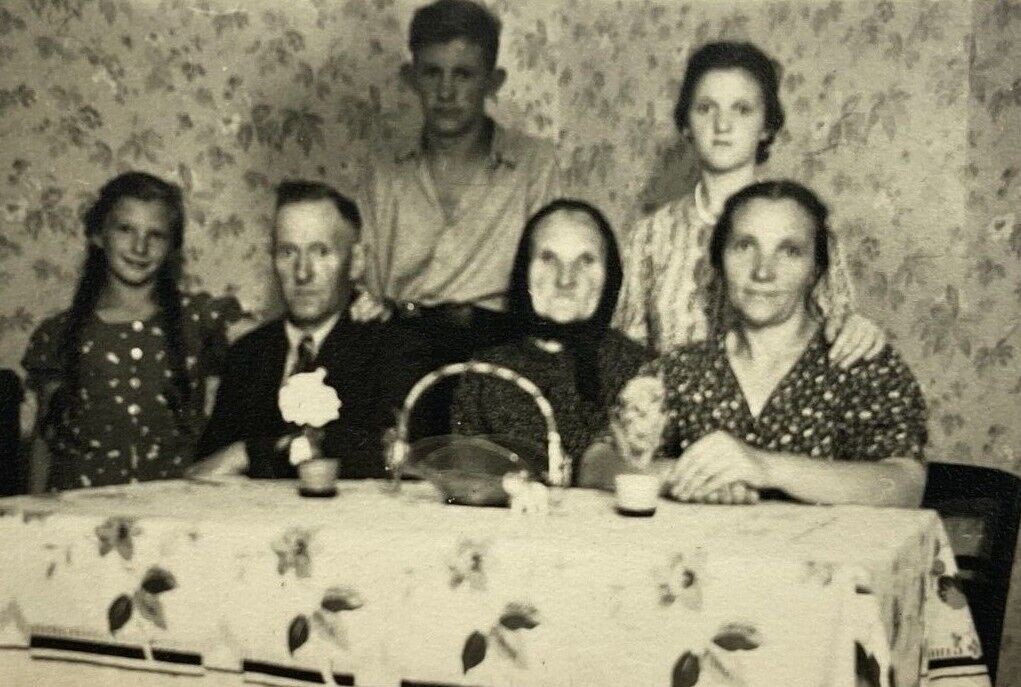 Family Sitting At Table Man Woman Children B&W Photograph 2.5 x 3.5