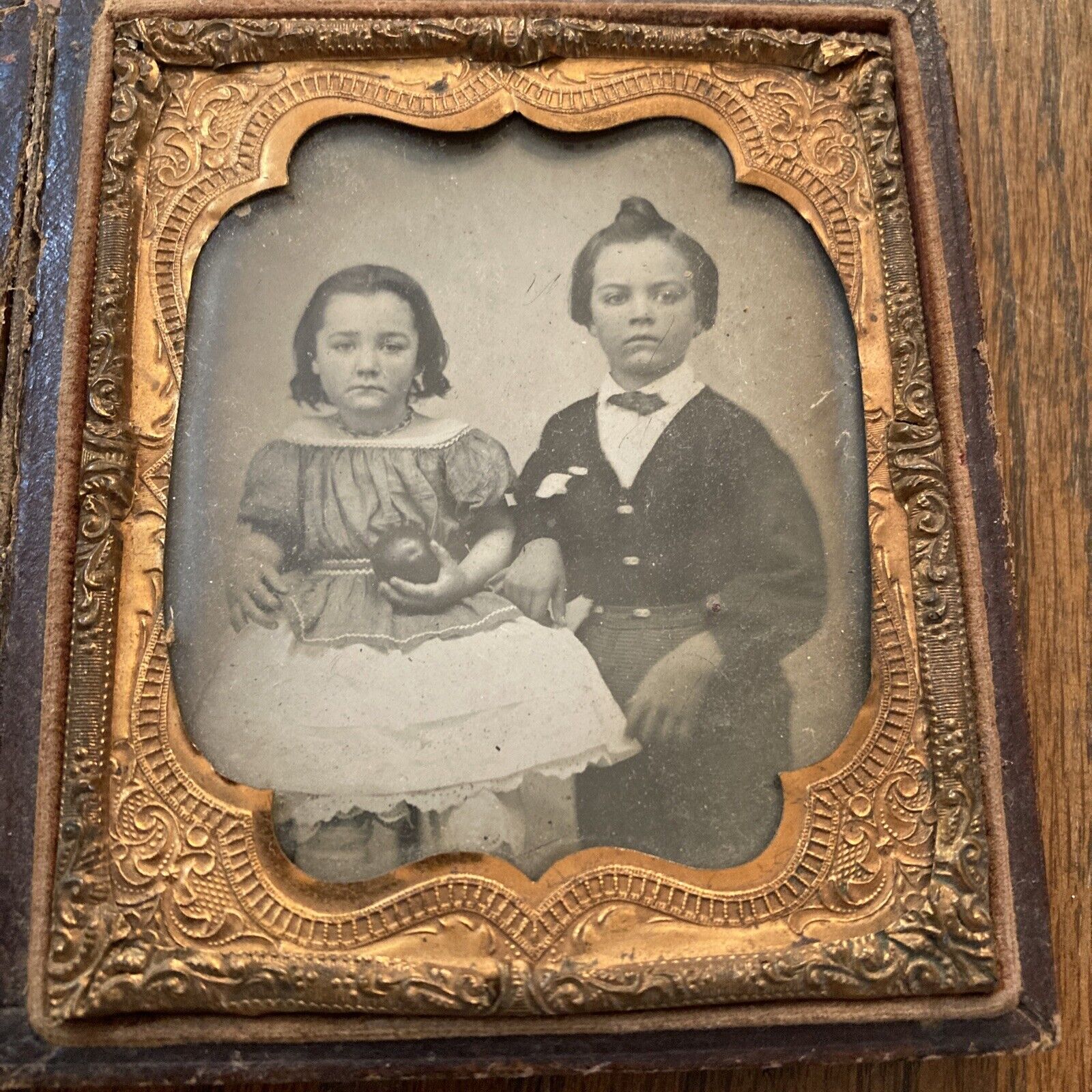 Antique Daguerreotype Ambrotype Leather CASE Brother Sister Siblings Photo