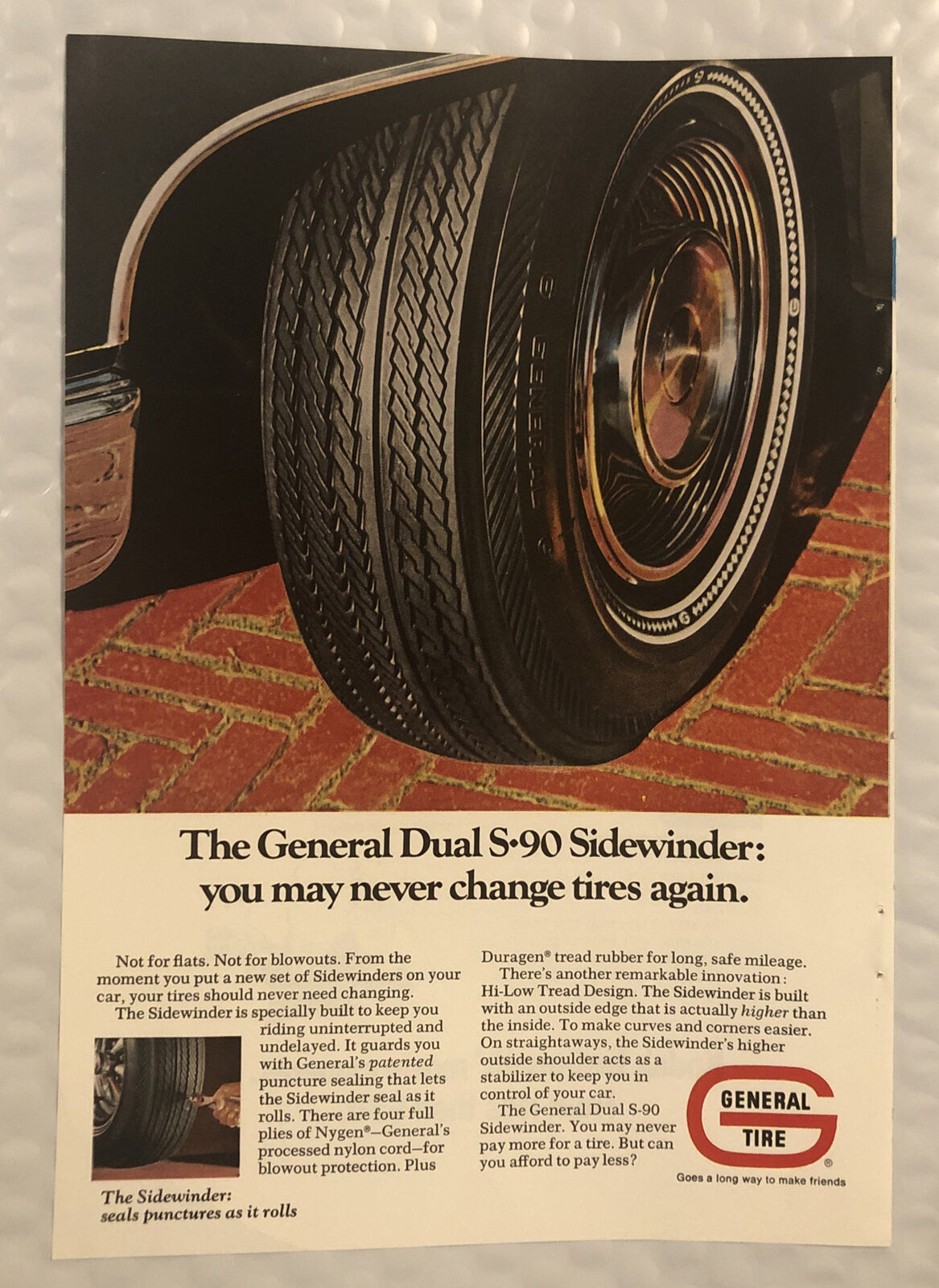 Vintage 1969 General Tire Original Print Ad - Full Page - Dual S-90 Sidewinder