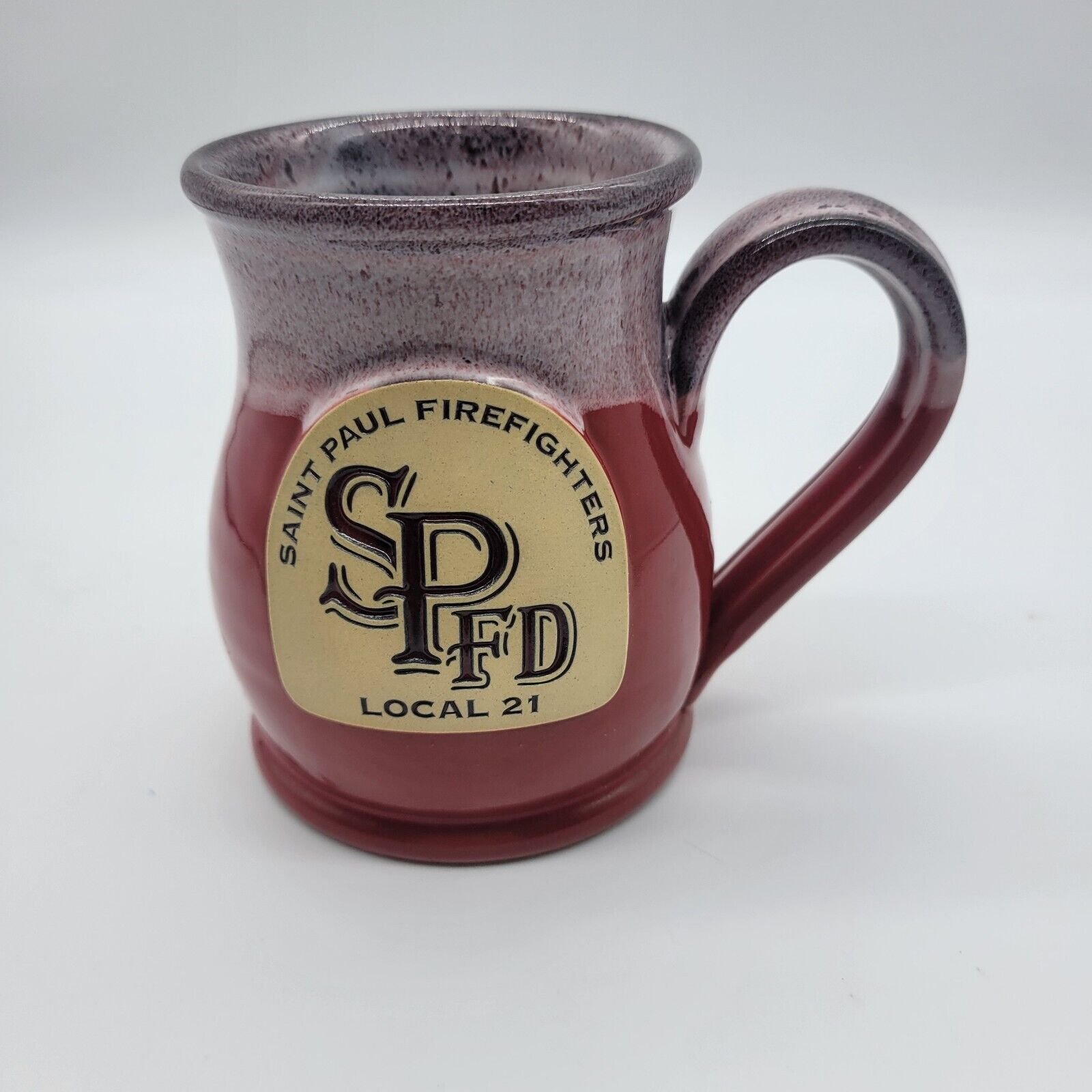 Deneen Pottery St Paul Minnesota Firefighters Local 21 Cup 12 oz Red Multi