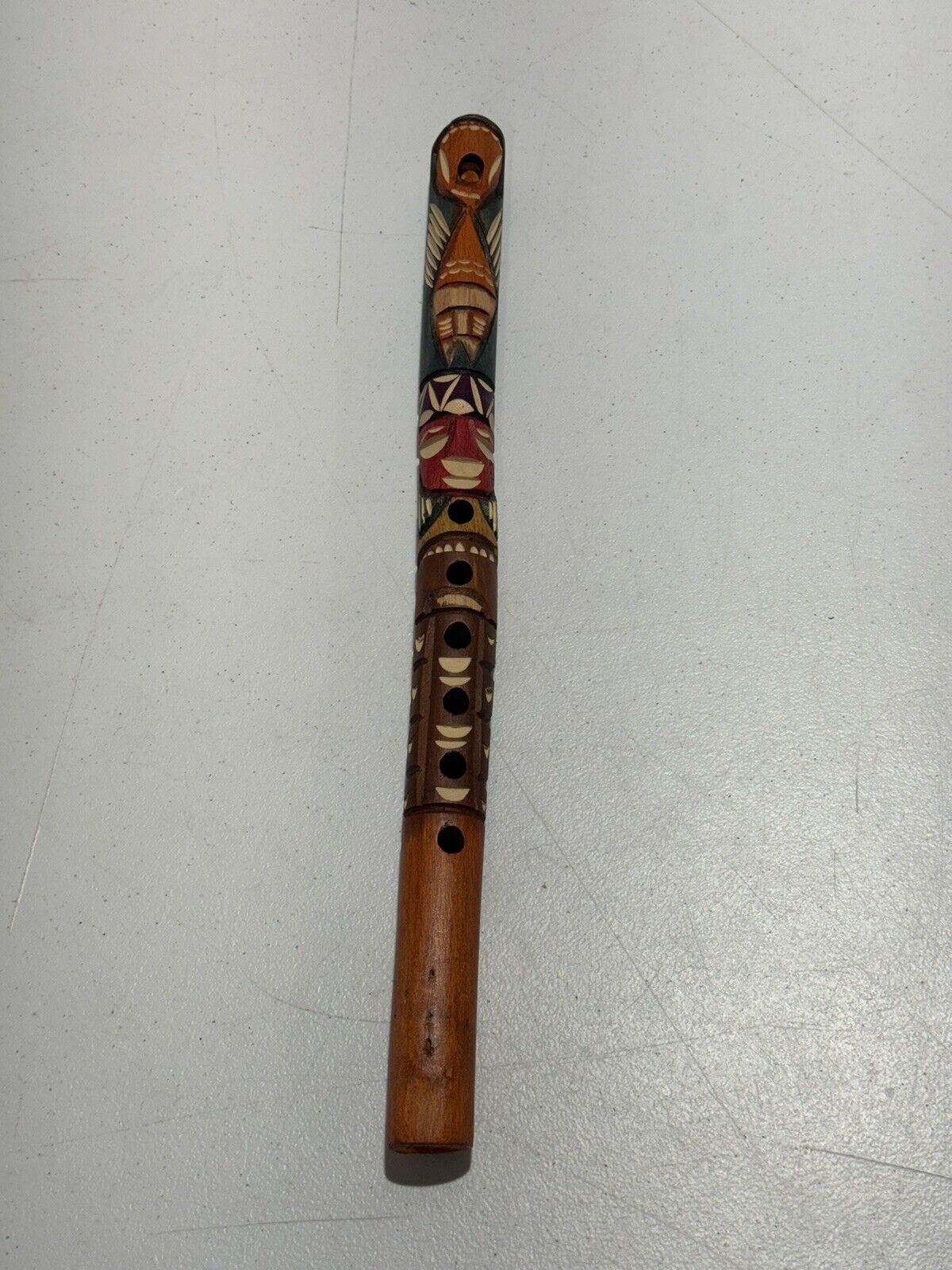 Handmade Wooden Guatemalan 16” Long Hand Carved Flute Totem Musical Instrument