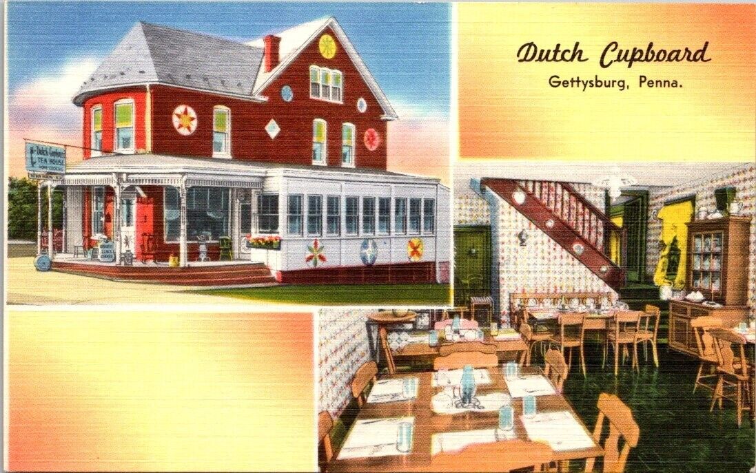 Postcard Pennsylvania Gettysburg Dutch Cupboard Food Linen c1930s PA Shoofly Pie