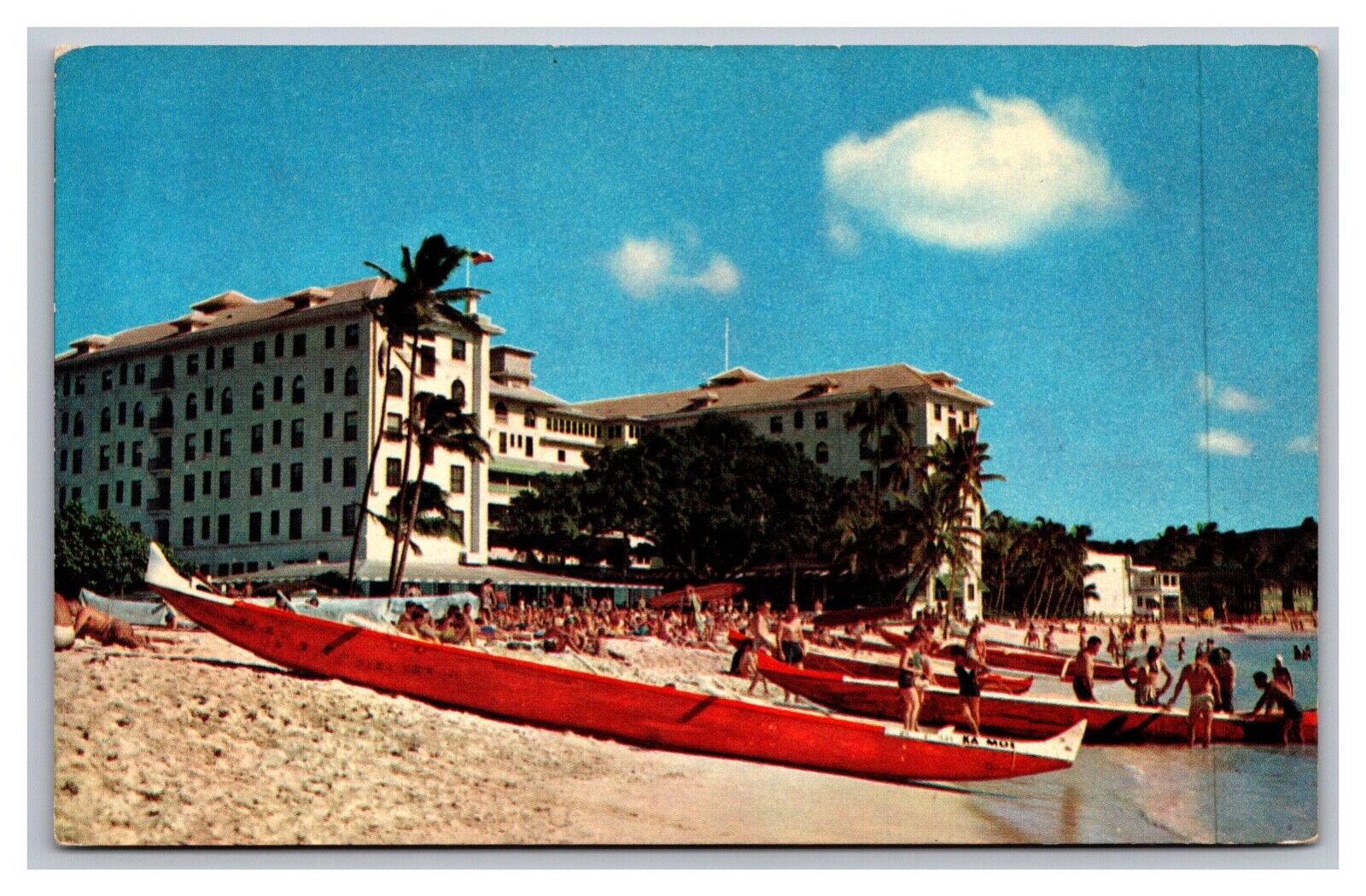 Honolu Hawaii Waikiki Beach Moana Hotel Beach Boats Bathing Chrome Postcard