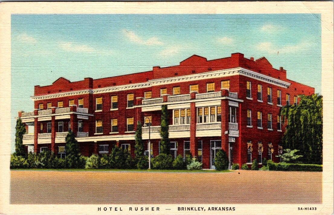 Brinkley AR Arkansas HOTEL RUSHER Monroe County ca1940\'s Curteich Linen Postcard