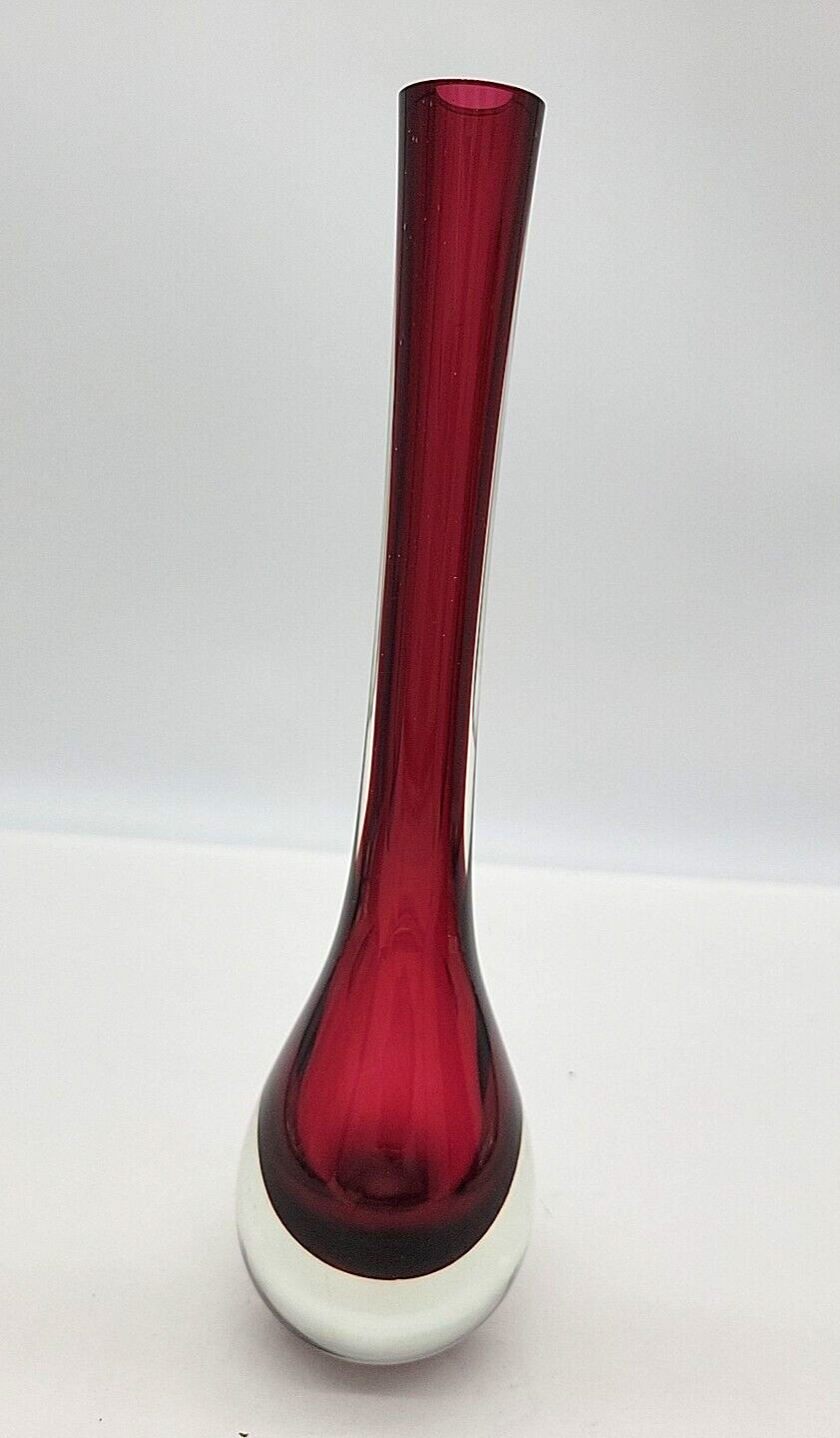 Vintage Murano Sommerso Vase Cranberry Red Clear Art Glass Italy 11\