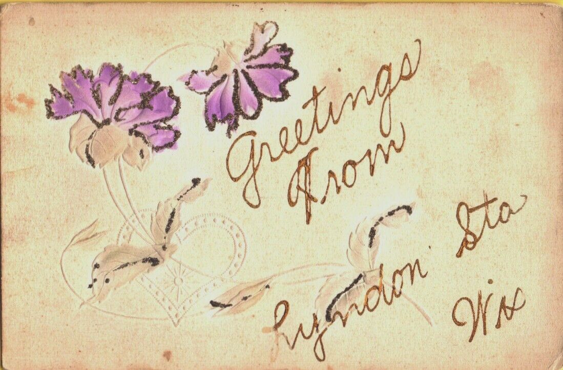 Lyndon Station WI Glitter Lavender Flowers Greetings Antique Embossed Postcard